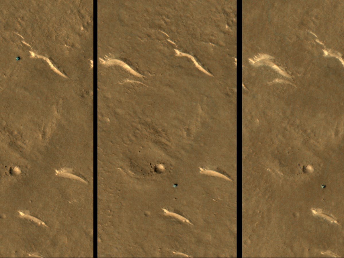 Three cutout images of China's Zhurgon rover looking like a small bluish dot on a red-brown Martian surface with a crater nearby and sand dunes around. Second and third images show the rover in the same place over the course of several months between 2022 and 2023.