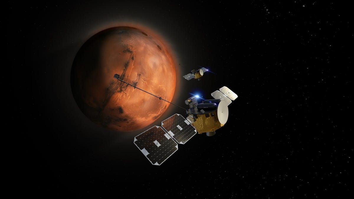 Illustration of the Escapade spacecraft in orbit around Mars