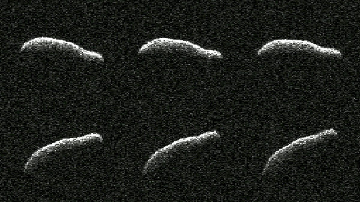 This collage shows six planetary radar observations of 2011 AG5 a day after the asteroid made its close approach to Earth on Feb. 3. With dimensions comparable to the Empire State Building, 2011 AG5 is one of the most elongated asteroids to be observed by planetary radar to date. It looks like a whitish, long lumpy shape against darkness.