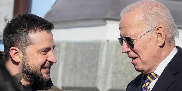 President Biden, right, and Ukraine's President Volodymyr Zelenskyy visit Saint Michael’s Cathedral,amid Russia's attack on Ukraine Feb. 20, 2023. NATO General Secretary Jens Stoltenberg said member nations have agreed Ukraine will join the U.S.-led military alliance in the "long-term." 