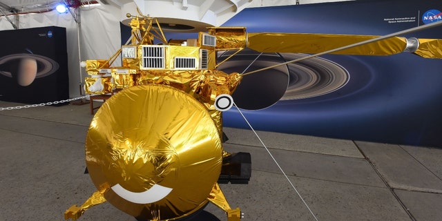 A model of the Cassini spacecraft is seen at NASA's Jet Propulsion Laboratory (JPL) Sept. 13, 2017, in Pasadena, California. 