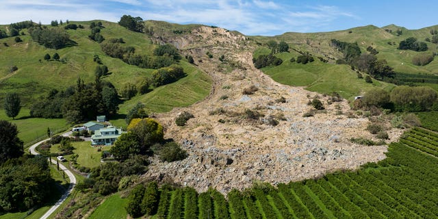 A large slip in the Taurau Valley near Gisborne from Cyclone Gabrielle, on Feb. 18, 2023.