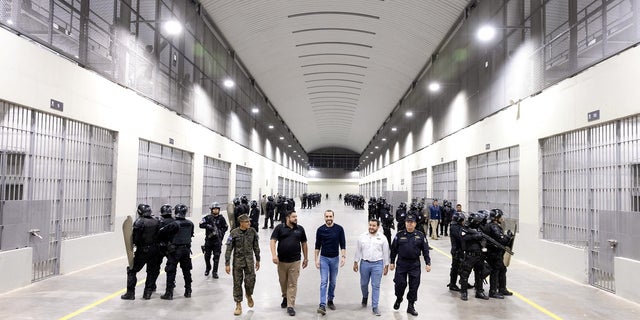 El Salvador’s President Nayib Bukele takes part in a tour of the Terrorism Confinement Center in Tecoluca on Feb. 1, 2023.