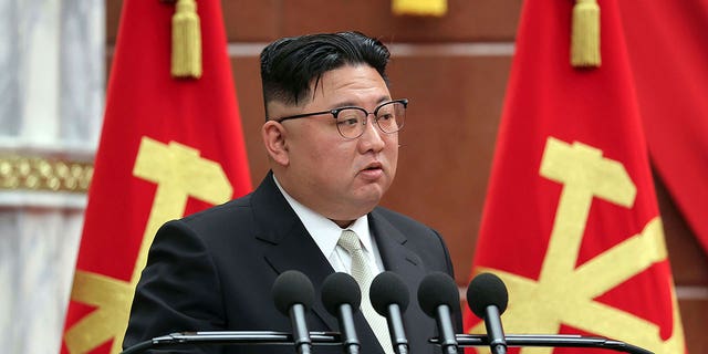 North Korean leader Kim Jong Un speaks during a meeting in Pyongyang, North Korea, on Feb. 26, 2023. 