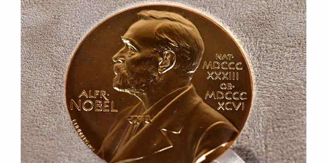 A Nobel medal is displayed in New York on Dec. 8, 2020. The Norwegian Nobel Committee said on Feb. 22, 2023, that 305 candidates, 212 individuals and 93 organizations, were nominated for the 2023 Nobel Peace Prize.