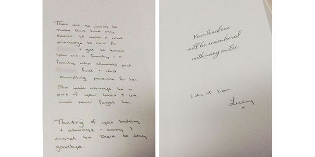 A sympathy card from nurse Lucy Letby who is accused of murdering seven babies in the U.K. Letby sent this card to the parents of one of the murdered babies she is accused of killing. Letby denies the charges.