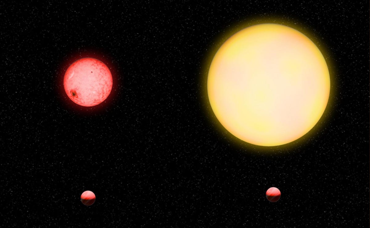 On the left is a lemon-sized red star with a small, pea-sized planet in orbit around it. On the right is a grapefruit-sized yellow star with the same pea-sized planet orbiting around it.