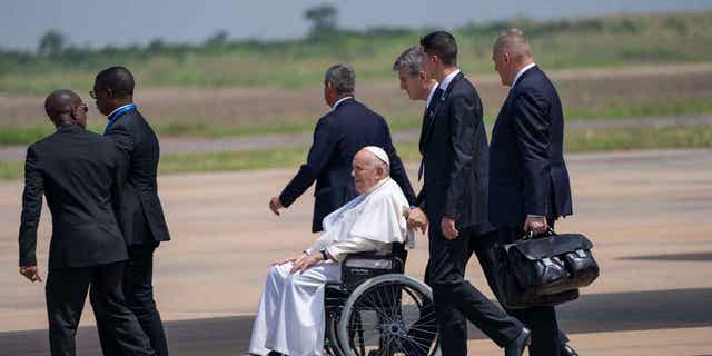 Pope Francis departs for South Sudan from Kinshasa, Congo, on Feb. 3 2023. Pope Francis is heading to South Sudan with hopes of drawing national attention to the worsening humanitarian crisis in the country.