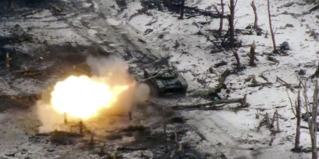 New video footage shot on Feb. 19, 2023 from the air with a drone for The Associated Press shows how particularly intense fighting since the Feb. 24, 2022, invasion has left no building in Marinka intact. A Russian tank fire further added to the destruction, pounding what appeared to be Ukrainian positions amid the ruins. 