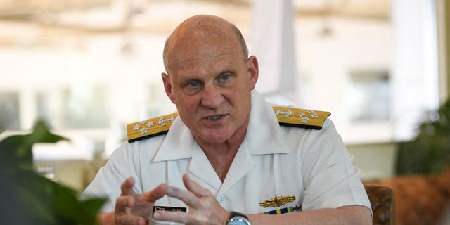 Chief of Naval Operations Admiral Michael Gilday speaks during an interview with the media at a private hangar in Manila, Philippines, on Feb. 22, 2023. The United States is "committed" to conducting joint maritime patrols with the Philippines in the disputed South China Sea, said Gilday as the countries seek to deter Chinese aggression. 