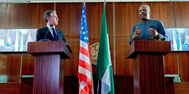 Nigerian Foreign Minister Geoffrey Onyeama speaks during a meeting with Secretary of State Antony Blinken in Abuja, Nigeria, on Nov. 18, 2021.