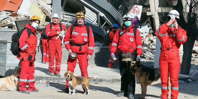 Romanian rescuers appear near destroyed buildings after twin earthquakes hit Turkiye's Hatay on Feb. 14, 2023. On Feb. 6, one earthquake with a magnitude of 7.7 was felt in the Pazarcik district, affecting Kahramanmaras and multiple provinces: Gaziantep, Sanliurfa, Diyarbakir, Adana, Adiyaman, Malatya, Osmaniye, Hatay, and Kilis. At 13.24 p.m. (1024GMT), a magnitude of 7.6 earthquake was felt in Kahramanmaras' Elbistan district. 