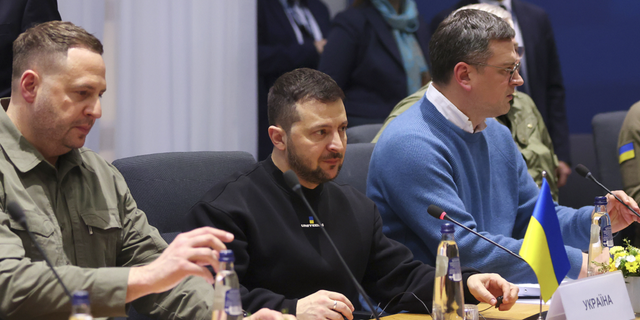 Ukraine's President Volodymyr Zelenskyy, center, attends a bilateral meeting at an EU summit in Brussels on Thursday, Feb. 9.