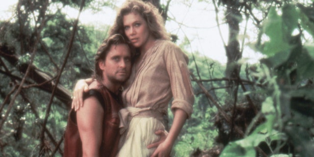 Michael Douglas and Kathleen Turner on the set of "Romancing the Stone," directed by Robert Zemeckis. 