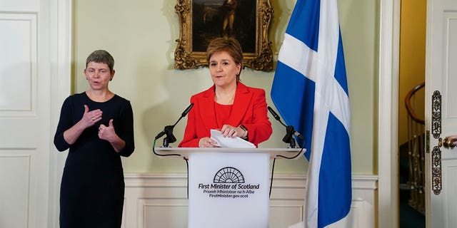 Nicola Sturgeon speaks during a press conference at Bute House in Edinburgh, Wednesday, Feb. 15 2023.