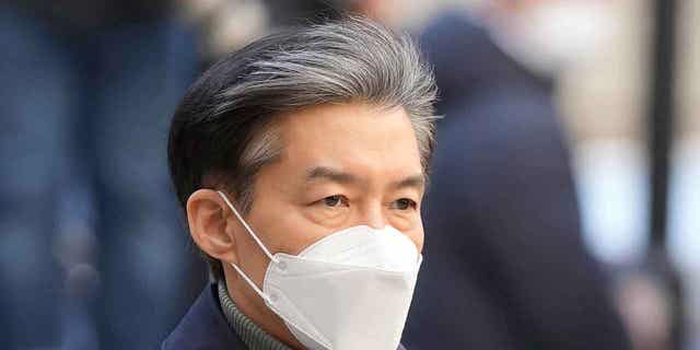 Former Justice Minister Cho Kuk arrives at the Seoul Central District Court in Seoul, South Korea, on Feb. 3, 2023. The court on Friday sentenced Cho to two years in prison after he was found guilty of creating fake credentials for his children to help them get into prestigious schools.