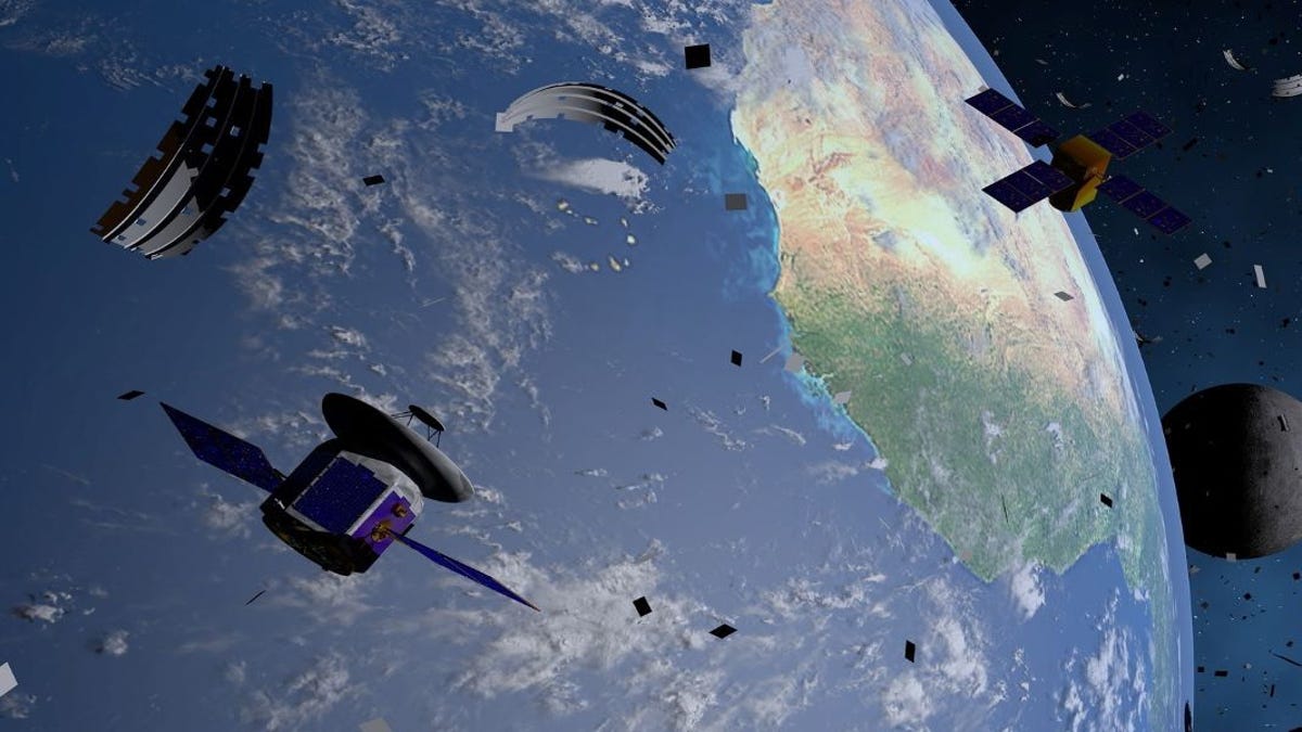 NASA illustration shows partial view of Earth from orbit with oceans and continents below and lots of random space junk, from small pieces to a rocket body and a satellite.