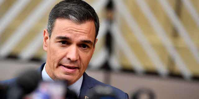 Spain's Prime Minister Pedro Sanchez arrives for an EU summit in Brussels, on Oct. 20, 2022. Sanchez on Monday Feb. 6, 2023, called on the EU to "reindustrialize" because if its dependence on energy from outside the bloc.