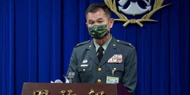 Major general Huang Wen-chi speaks during a press conference in Taipei, Taiwan, on Feb. 14, 2023. Wen-chi told reporters that Taiwan is on guard for any suspected military objects coming from China.
