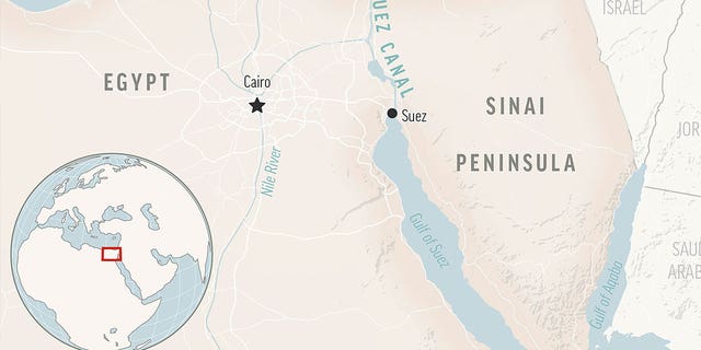 A map shows the Suez Canal and the Sinai Peninsula in Egypt.