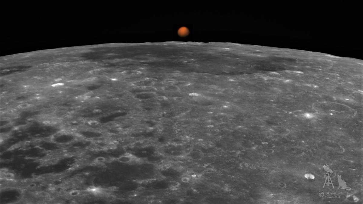 mars rising over the lunar horizon