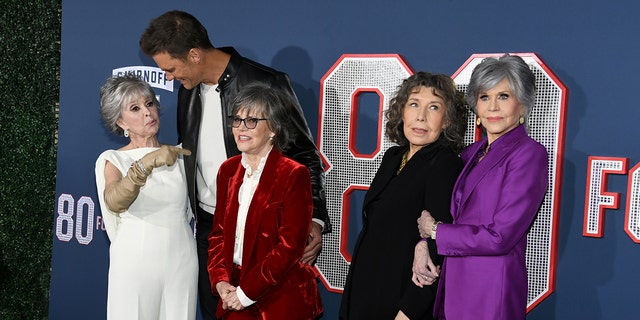 Rita Moreno, Tom Brady, Sally Field, Lily Tomlin and Jane Fonda attend the premiere screening of "80 for Brady" on Jan. 31, 2023, in Los Angeles.