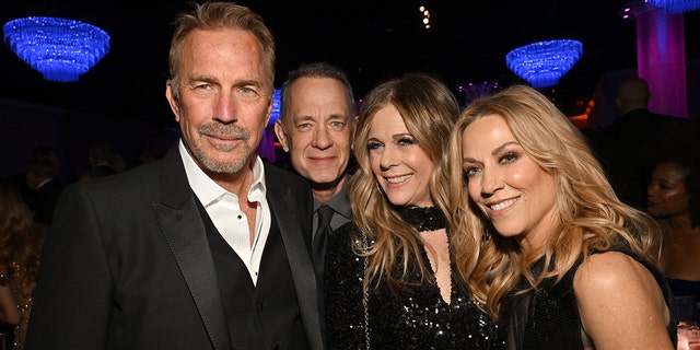 Inside the party, Tom Hanks and Rita Wilson posed with Kevin Costner and Sheryl Crowe.