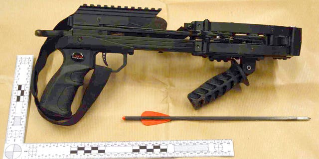This undated photo released by the Crown Prosecution Service on Friday Feb. 3, 2023, shows a crossbow which Jaswant Singh Chail, 21, was carrying when arrested, after being caught in the grounds of Windsor Castle. Chail pleaded guilty to treason on Friday for planning to attack Queen Elizabeth II. 