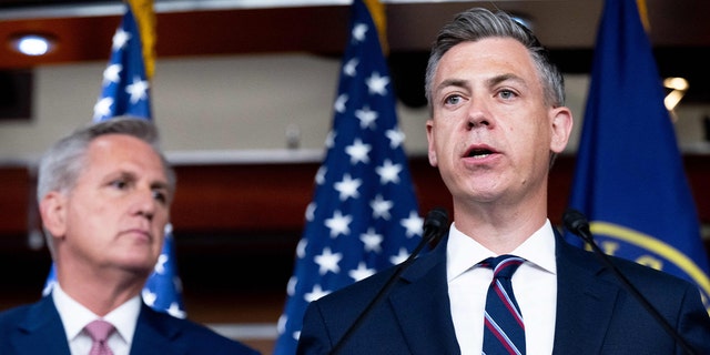Indiana GOP Rep. Jim Banks holds a press conference on Capitol Hill in Washington, DC, June 9, 2022.