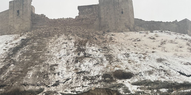 Damage is seen Monday along the walls of the Gaziantep Castle in Turkey.