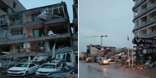 Buildings are seen leaning over and destroyed in the city of Iskenderun, Turkey.
