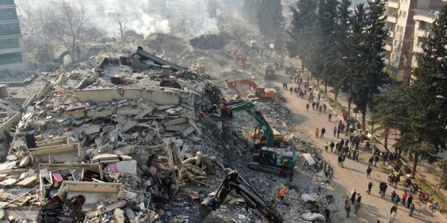 Aerial photo showing collapsed buildings in Kahramanmaras, southern Turkey, Saturday, Feb. 11, 2023. Rescuers in Turkey miraculously continued to pull earthquake survivors out of the rubble on Saturday. 