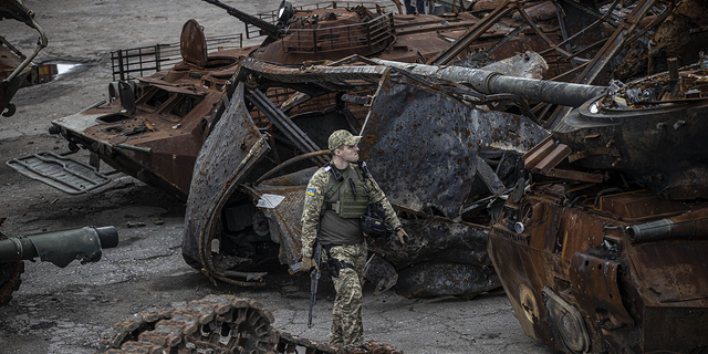 A view of destroyed armored vehicles and tanks belonging to Russian forces after they withdrew from the city of Lyman in the Donetsk region of Ukraine on Oct. 5, 2022.