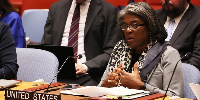 U.S. Representative to the United Nations Ambassador Linda Thomas-Greenfield speaks during a UN Security Council meeting on February 20, 2023, in New York City. 