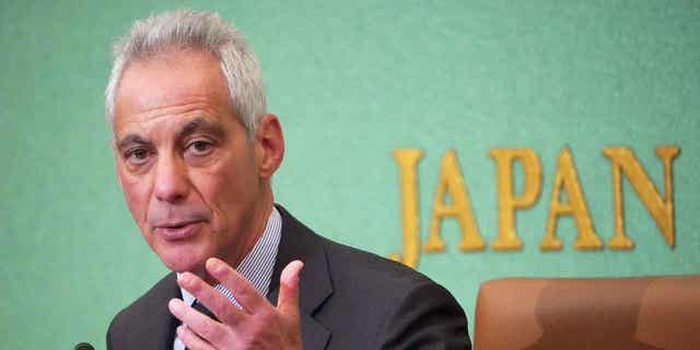 U.S. Ambassador to Japan Rahm Emanuel speaks during a news conference on Feb. 15, 2023, in Tokyo. Emanuel said the Chinese balloon's intrusion into U.S airspace was not an isolated incident. He also said he has "full confidence" the Japanese government will ban discrimination against LGBTQ people.