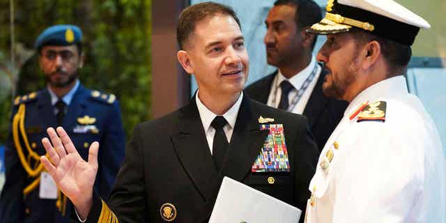 U.S. Navy Vice Adm. Brad Cooper speaks at the International Defense Exhibition and Conference in Abu Dhabi, United Arab Emirates, on Feb. 21, 2023. Iranian attacks in the waterways of the Middle East "have the attention of everyone" according to Cooper.