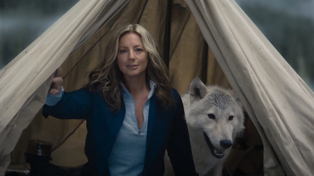 Singer Sarah McLachlan kneels in a white camping tent with a light colored wolf by her side. She has long flowing hair. The wolf is fluffy.