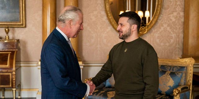 King Charles III meets with Ukrainian President Volodymyr Zelenskyy at Buckingham Palace, London, on Wednesday Feb. 8, 2023.