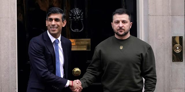 Prime Minister Rishi Sunak welcomes Ukraine's President Volodymyr Zelenskyy to 10 Downing Street in London, Wednesday, Feb. 8, 2023.