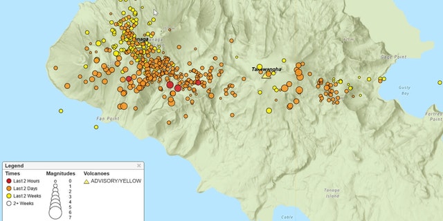 A hypocenter plot for Tanaga Volcano and Takawangha volcano showing earthquakes located over the past two weeks.