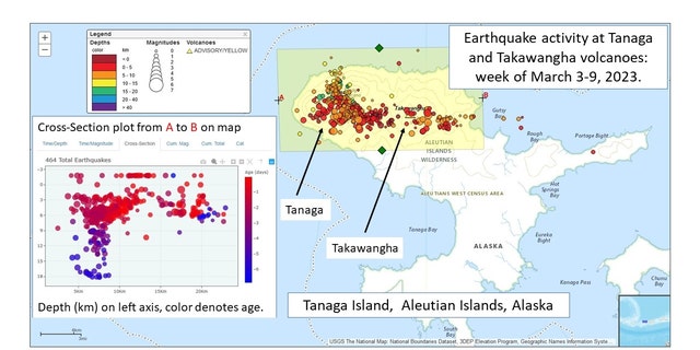 A figure showing recent earthquake activity under Tanaga Island.