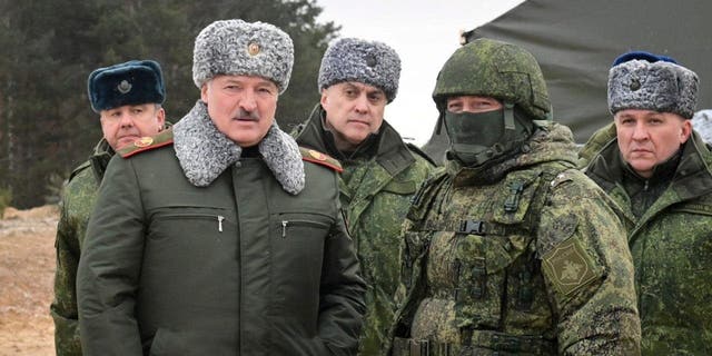 Belarusian President Alexander Lukashenko during a meeting with top military officials at the Obuz-Lesnovsky training ground in Belarus Jan. 6, 2023.