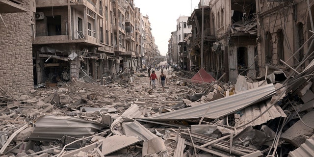 Syrian men walk between buildings destroyed by bombs in Aleppo, Syria, on Oct. 3, 2012.