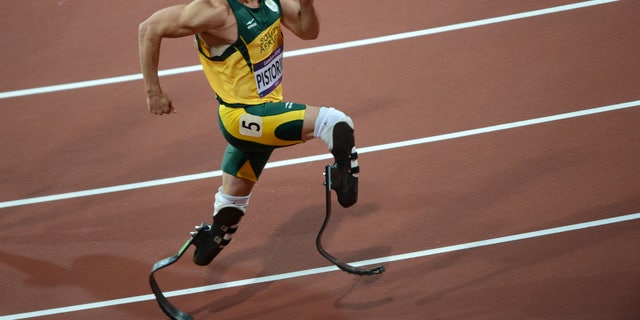 South Africa's Oscar Pistorius competes in the men's 400-meter semi-finals at the athletics event during the London 2012 Olympic Games on August 5, 2012 in London. 