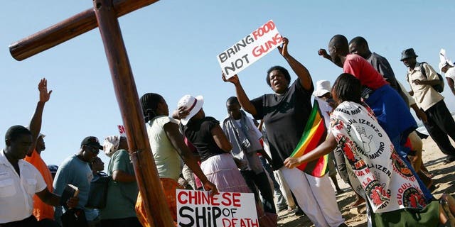A ship carrying arms from China destined for Zimbabwe left South Africa on April 18, 2008 after a court barred its cargo from being transported to the border, the SAPA news agency reported. International sanctions imposed by Western countries against Zimbabwe include a ban on weapon sales to the country. 