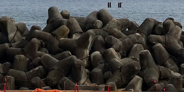 Four pillars located in the ocean near the tsunami-wrecked Fukushima Daiichi nuclear power plant indicate an undersea tunnel where treated radioactive wastewater would be released.