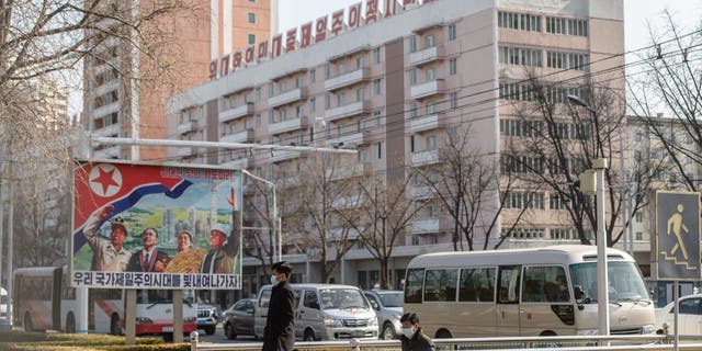 Pedestrians walk up a stairway in Pyongyang.