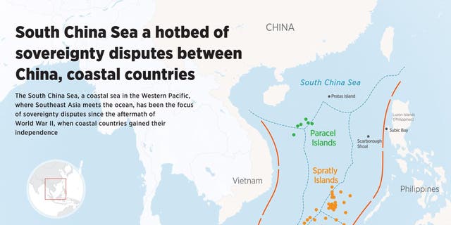 An infographic titled "South China Sea a hotbed of sovereignty disputes between China, coastal countries" created in Ankara, Turkiye on Jan. 6, 2023. 