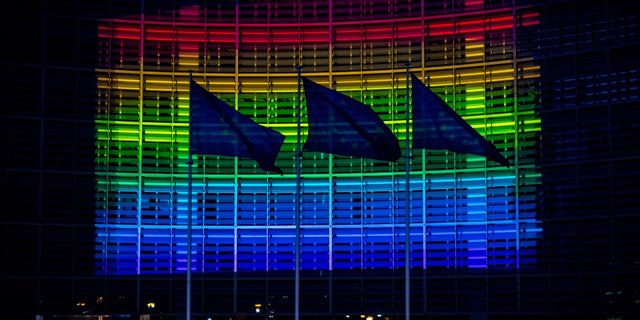 European Commission headquarters lit up in the colors of the rainbow flag to support International Day Against LGBT in Brussels, Belgium on May 16, 2020. Malta ranked first that year in the Rainbow Europe Country Ranking of most LGBT-friendly EU nations.