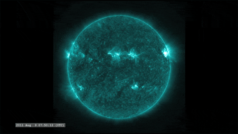These images show another view of the Aug. 9, 2011, X-class solar flare featured in the blue-toned 335 Angstrom images. These images were captured in light at 131 Angstroms, an extreme ultraviolet wavelength.